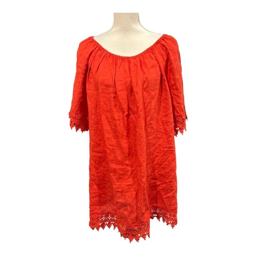 Puro‎ Lino Top Red Linen Off Shoulder Crochet Trim Size 1X Boho Coastal Beach